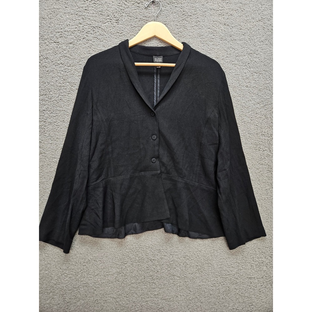 Eileen Fisher Peplum Blazer L Black Virgin Wool Italian Fabric Shawl Collar